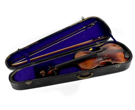 A full-sized German Stainer violin with two-piece back, branded below the button and with spurious label 'Jacobus Stainer In 