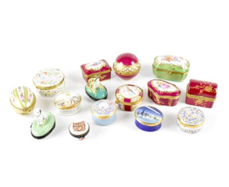 A collection of fifteen ceramic and enamelled trinket pots to include Limoges Du Barry, French hand painted examples, signed 