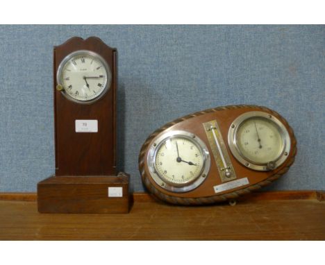An early 20th Century chrome and carved walnut wall hanging clock and aneroid barometer and an oak dish clock 