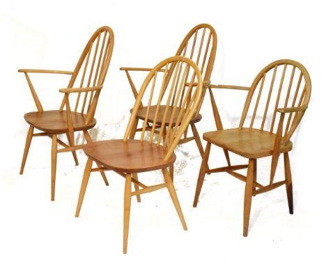 Pair of Ercol pale beech Quaker Windsor elbow chairs, a similar low back Windsor elbow chair and one other Ercol style stick 