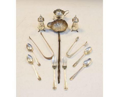Pair of Hester Bateman engraved silver sugar tongs, circa 1795, a George III toddy ladle, the silver bowl hallmarked for Lond
