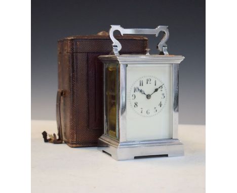 French chrome plated cased carriage clock having a repeat movement, the off-white dial with Arabic numerals, Morocco bound ou