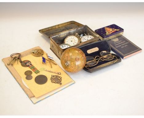 Miscellaneous items including vintage Ashworth's cotton box in the form of a globe, pocket watches, paper ephemera etc   Cond