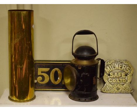 Vintage brass mounted railway lamp, brass shell case vase etc   Condition: 