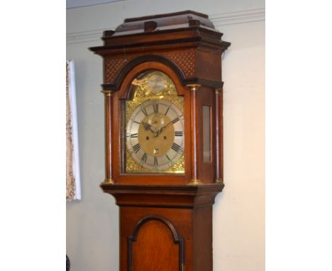 18th Century oak longcase clock by Nathaniel Hedge of Colchester, stepped hood having blind fret decoration, arched shaped gl