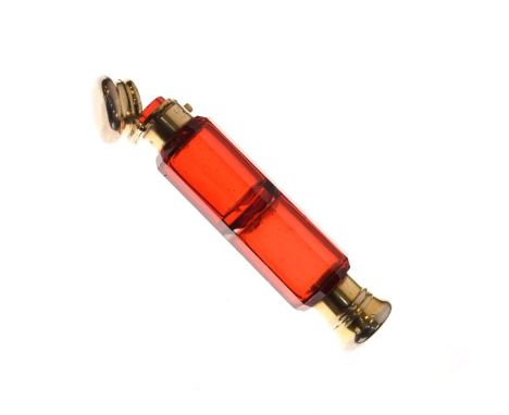 Late 19th/early 20th Century facet cut ruby glass double ended scent bottle having gilt metal screw and hinged covers   Condi