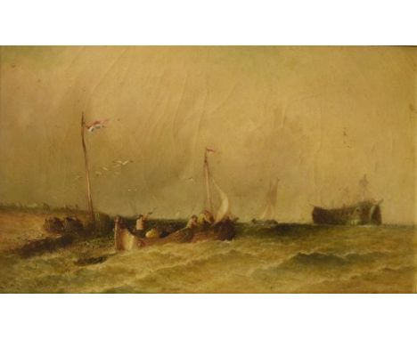 Clifford Montague - Oil on canvas - Stormy seascape with fishing vessel and other boats, signed and indistinctly dated, 29cm 