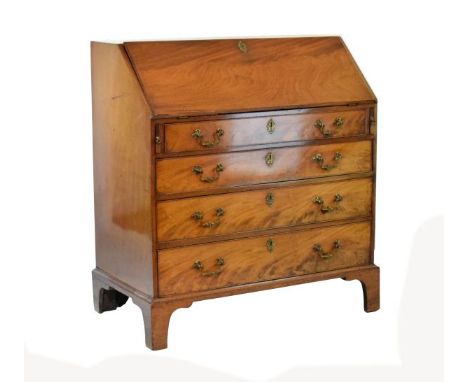 George III mahogany bureau, the fall flap enclosing a fitted interior, four long drawers below and standing on bracket feet  