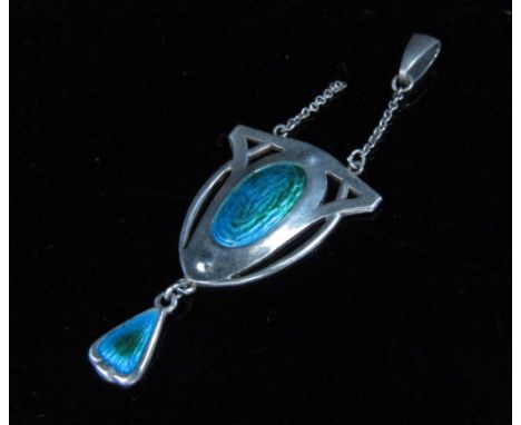 A Charles Horner silver enamelled pendant in green and blue, with droplet (chain a/f) 