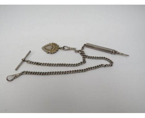 A silver watch chain with Albert, fob and telescopic pencil, 52g 