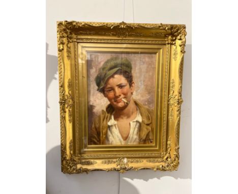 ANTONIO VALLONE (XX): An oil on board portrait ‘A Young Boy Smoking’, signed, framed and glazed, 38.5cm x 28cm 