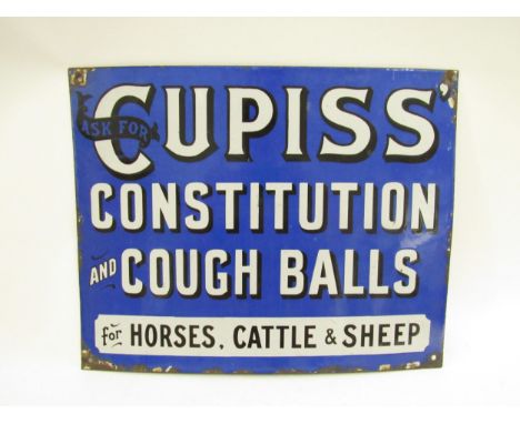 An enamel sign "Ask For Cupiss Constitution And Cough Balls For Horses, Cattle &amp; Sheep", light blue background with white