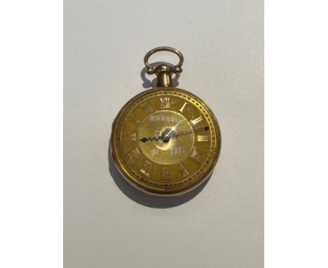 A gold cased open faced pocket watch, the gold face with Roman numerals overlaid around the dial, engine turned patterns engr