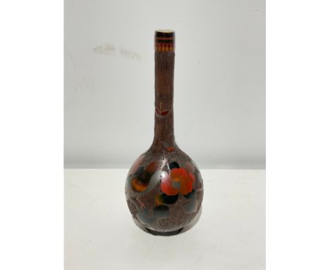 An early 20th Century Japanese bark-effect bottle vase with details picked out in cloisonné enamel, 23.5cm tall 
