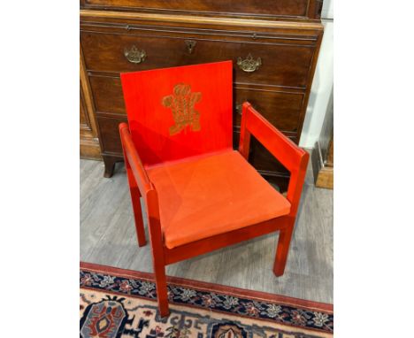 A Prince of Wales Investiture chair frame, as designed by Lord Snowdon, red stained plywood bentwood frame, with ICH DIEN (I 