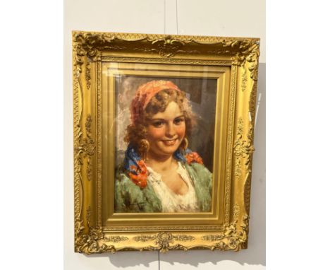 ANTONIO VALLONE (XX): An oil on board portrait ‘A Gypsy Girl’, signed, framed and glazed, 38.5cm x 28cm 