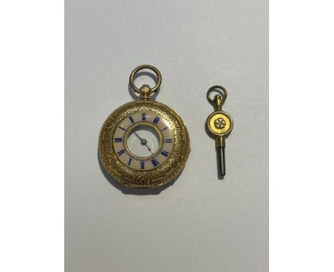 A gold half hunter fob watch with engraved outer case having a pale pink enamel outer with Roman numerals in blue, vacant car