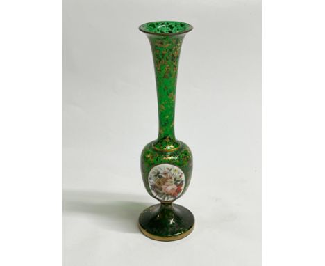 A late 19th / early 20th Century green glass vase, porcelain hand-painted panel applied to side, enriched with scrolled folia