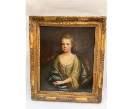 A 19th Century oil on canvas portrait of a young girl in golden blouse with shawl, unsigned work, 68cm x 56cm, gilt gesso fra