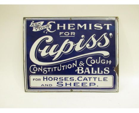 An enamel sign "Ask Your Chemist for Cupiss Constitution &amp; Cough Balls" 15" x 12", from Diss Print Works 
