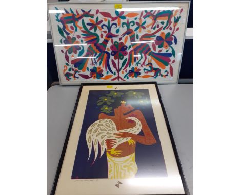 R B Robinson - Balinese Cockerel, a 1964 signed, limited edition print number 15 out of 30, together with an Otomi embroidery