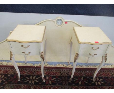 A pair of vintage French style bedside tables, together with a matching headboardLocation: 