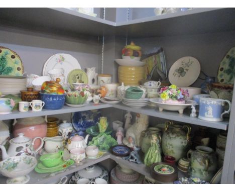 A mixed lot of ceramics to include a garniture of Noritake vases, a Royal Worcester figurine titled Grandmothers Dress, Wade 