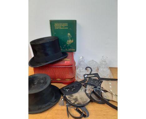 A cut glass dressing table set, a mid 20th century sewing box, two top hats A/F, Scottish bags, spats, and an illustrated Wat