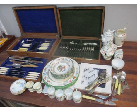 Two canteens of silver plated cutlery together with Spode 'Chinese Rose', 'Heathcote Brid' china, loose cutlery and a boxed C