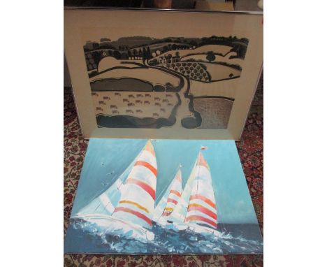 Graham Clarke - rural scene print signed in pencil and B Hawkins, sailing boats printLocation: 