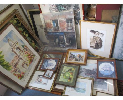 Mixed pictures to include a large Southern Comfort advertising mirror, signed Sturgeon print, Chinese large print of the Grea