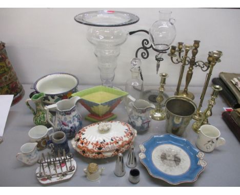 A mixed lot of ceramics, glass and metalware to include a Myott art deco flower vase, a large glass footed vase, pair brass c