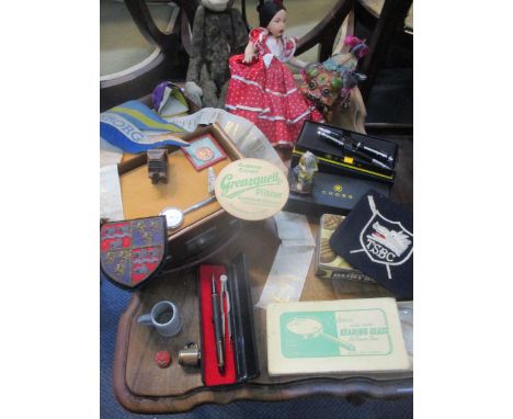 A miscellaneous lot to include a double headed souvenir doll, a boxed Cross pen set, Bramah lock (no key), school cloth badge