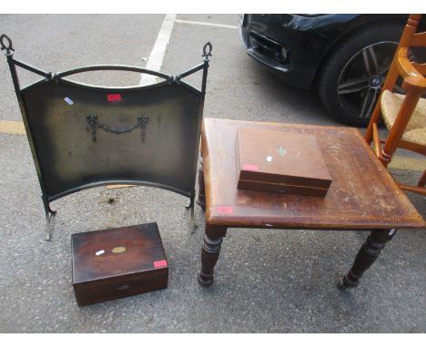 A mixed lot to include an early 20th century oak low occasional table, firescreen and two boxes to include a rosewood jewelle