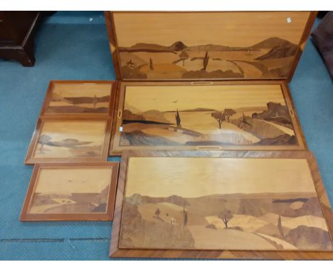 Six vintage marquetry pictures, three signed by AndyLocation: RAB 