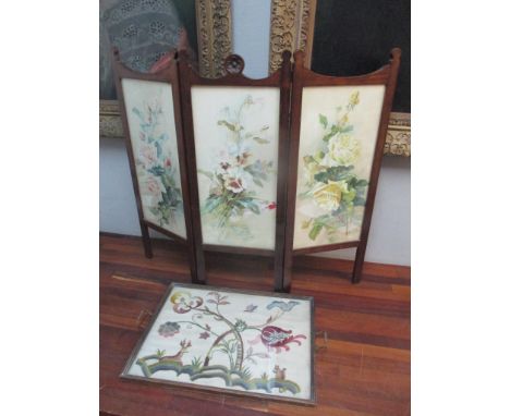 An early 20th century mahogany folding fire screen inset with three watercolour signed G. Trigg, together with an oak twin ha