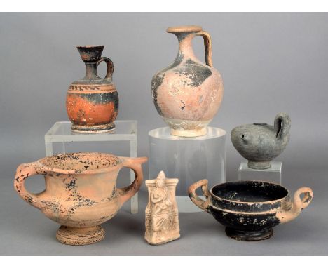 Five Classical pottery vessels circa 4th century BC and later Including a lekythoi with a decorated band, 10.2cm high, a blac