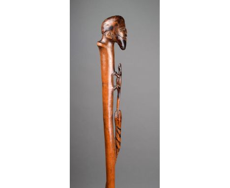 A South African staff wood, with pokerwork finish, carved a bearded head finial, with a spiral snake with a lizard issuing fr