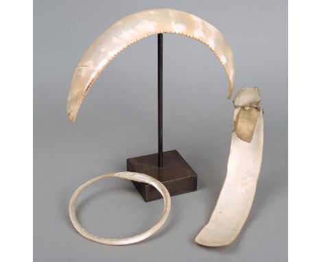 A Santa Cruz shell spoon Solomon Islands, Melanesia with three crescent notches to one end, with a handwritten label Native S