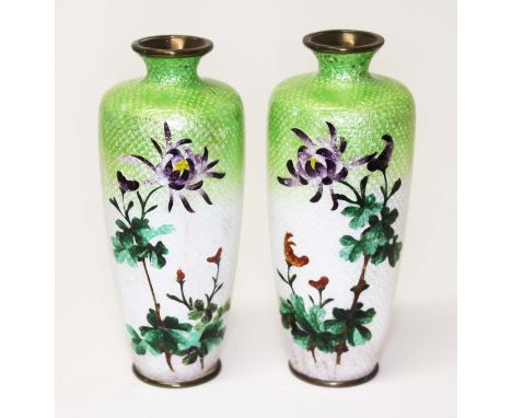 A pair Japanese cloisonne vases, height 14.5cm.There are some cracks, chips and marks to the enamel with a slight loss just b