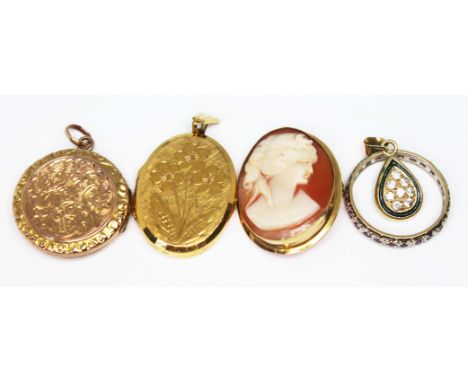 A mixed lot comprising a locket marked '9ct Back Front', a hallmarked 9ct gold locket, a pendant marked '585', a yellow metal