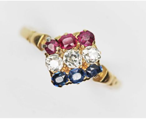 An antique diamond, sapphire and ruby cluster ring, the cluster formed as the French Tricolour flag and measuring approx. 9.2