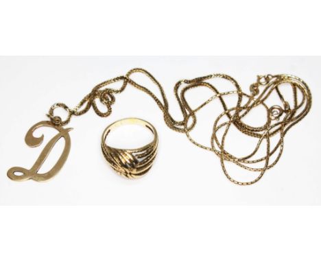 Assorted 9ct gold comprising a pendant modelled as the letter 'D' on chain, a ring and another chain, wt. 14.83g.  