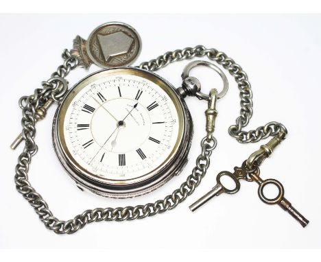 A hallmarked silver centre seconds chronograph pocket watch and Albert chain.  