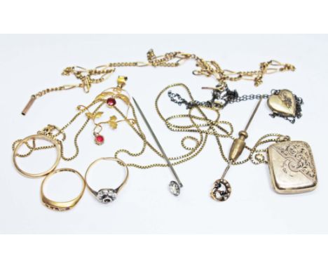 A mixed lot of gold and yellow metal including a pearl and sapphire set stickpin marked '15ct', a rolled gold locket on chain