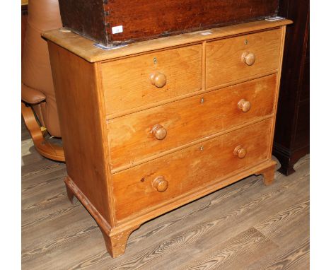 A 19th century pine chest of drawers, standing on bracket feet, height 85.5cm, width 96.5cm and depth 50.5cm.  