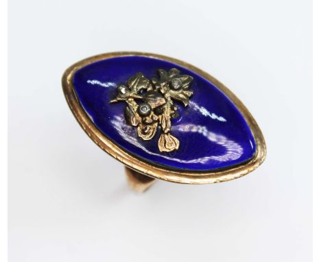 A late Georgian blue enamel and diamond navette shaped mourning ring, the blue enamel applied with a bouquet set with three s