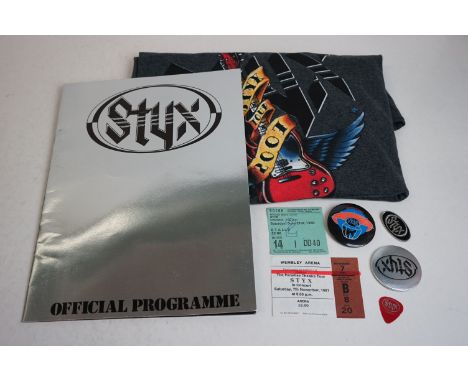 Music Memorabilia - Styx Tour programme, 2 x tickets (Wembley Paradise Tour 1981 &amp; 1980 Hammersmith Odeon), 2 x badges an