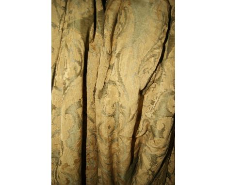 THREE PAIRS OF GREEN COUNTRY HOUSE CURTAINS with bold green leaf design, lined, and pelmets