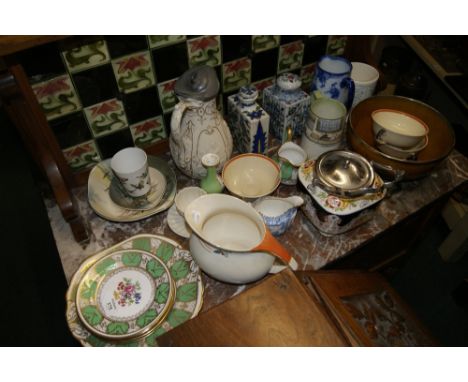 A COLLECTION OF CERAMICS to include a Persian style flask, a Belleek cup and saucer, Doulton and other items